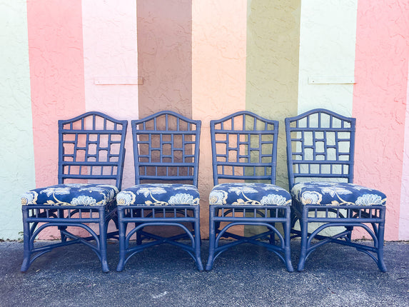Set of Four Beautiful Navy Fretwork Rattan Dining Chairs