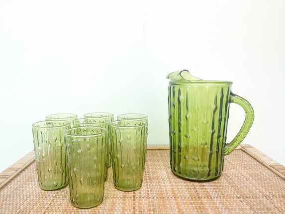 Green Faux Bamboo Pitcher and Set of Six Glassware