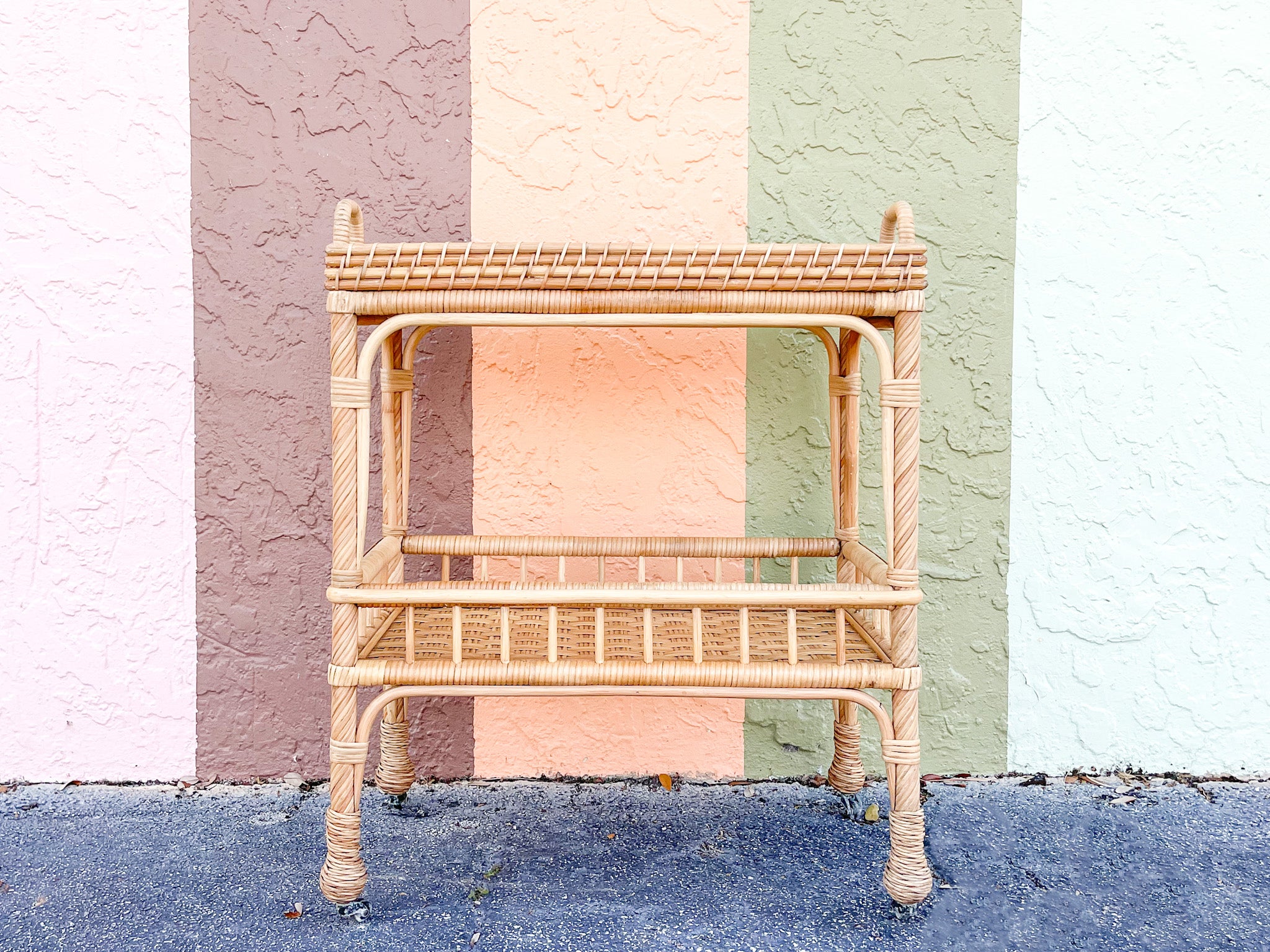 Vintage Palm Beach Wrapped Wicker Reed Rattan Bar Cart With Shelves & Doors