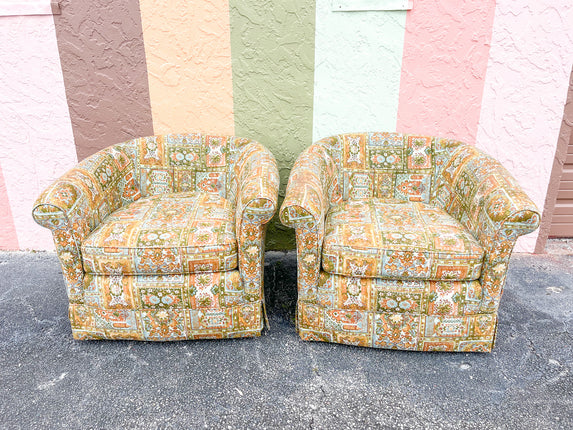 Pair of So 70s Upholstered Barrel Chairs