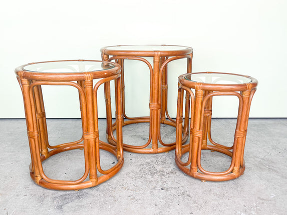 Set of Three Rattan Drum Nesting Tables