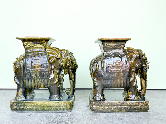 Pair of Terracotta Olive Green Elephant Garden Seats