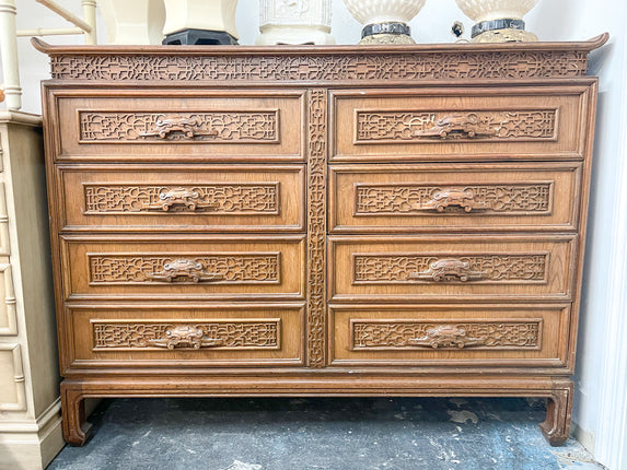 Oversized Pagoda Fretwork Six Drawer Chest