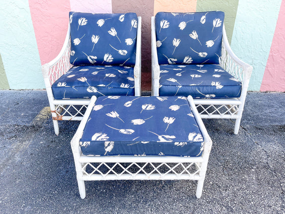 Pair of Ficks Reed Rattan Lounge Chairs and Ottoman