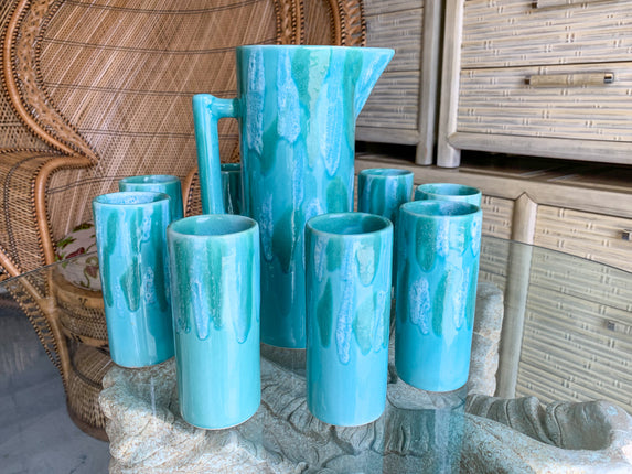Totally Turquoise Pottery Pitcher & Glass Set