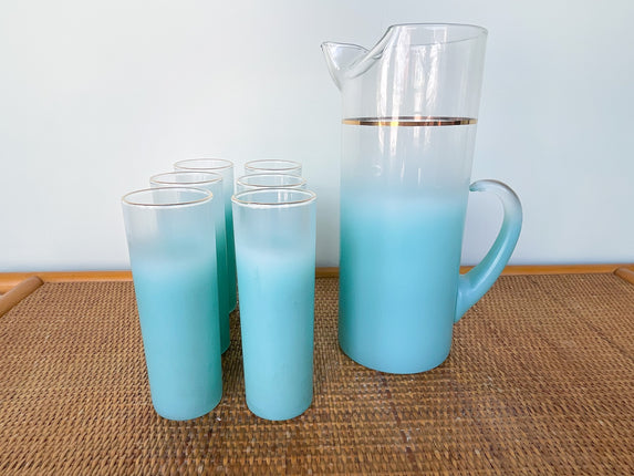 1950s Aqua Pitcher and Set of Six Glasses
