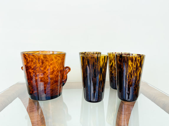 Set of Four Tortoiseshell Glasses and Ice Bucket