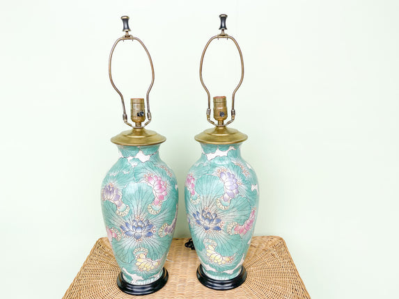 Pair of Teal Lotus Lamps