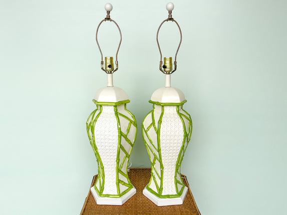 Pair of Faux Bamboo and Cane Ginger Jar Lamps