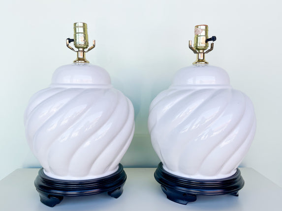 Pair of White Ceramic Swirl Lamps