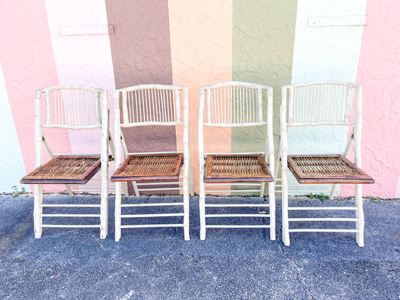 Set of Four Whitewash Bamboo Folding Chairs