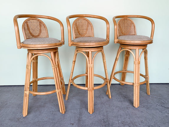 Set of Three Cane and Rattan Bar Stools