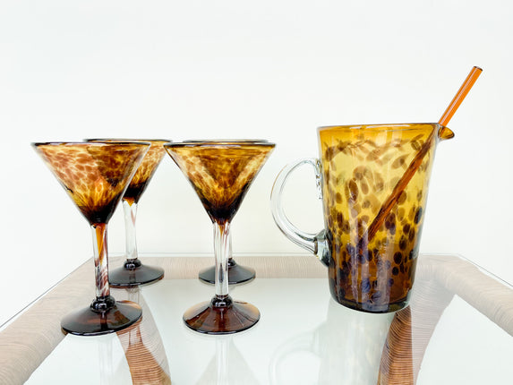 Set of Four Tortoiseshell Martini Glasses and Pitcher