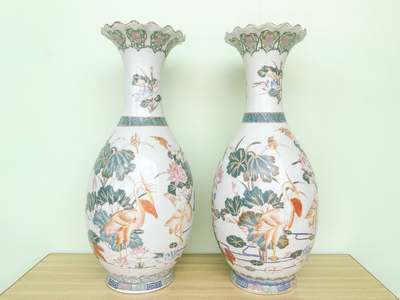 Pair of Large Colorful Heron Vases