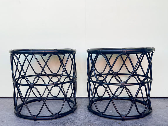 Pair of Black Rattan Drum Tables