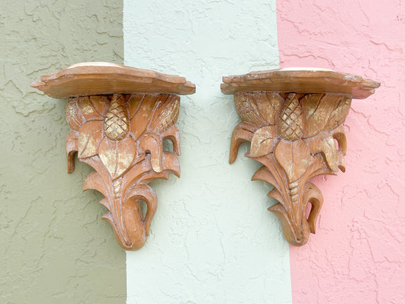 Pair of Wood Carved Pineapple Wall Shelves