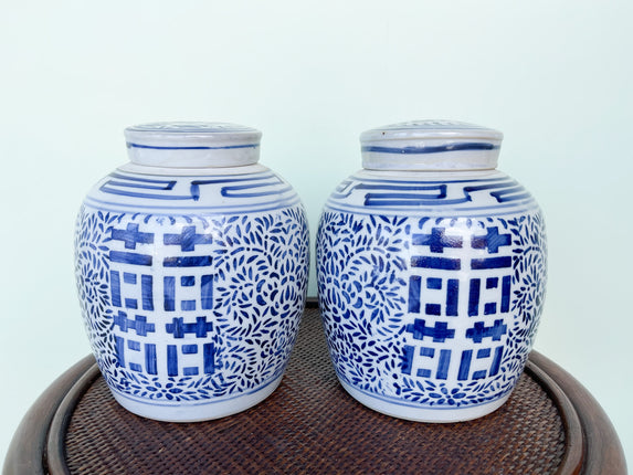 Pair of Blue and White Temple Jars