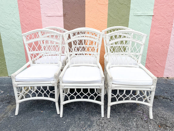 Set of Six White Rattan Dining Chairs