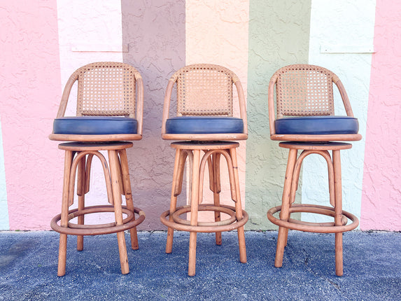 Set of Three Rattan and Cane Bar Stools