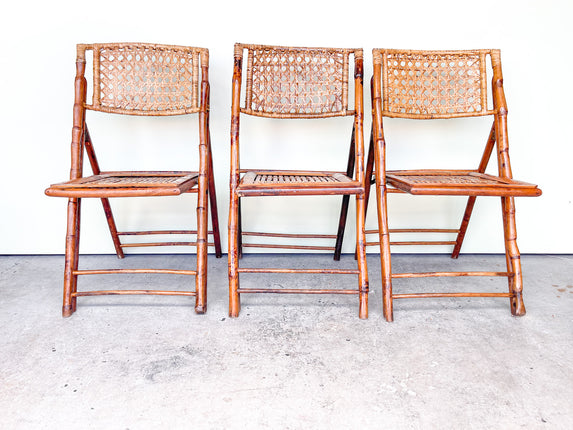 Set of Three Bamboo and Cane Folding Chairs