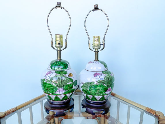Pair of Pink and Green Lotus Lamps
