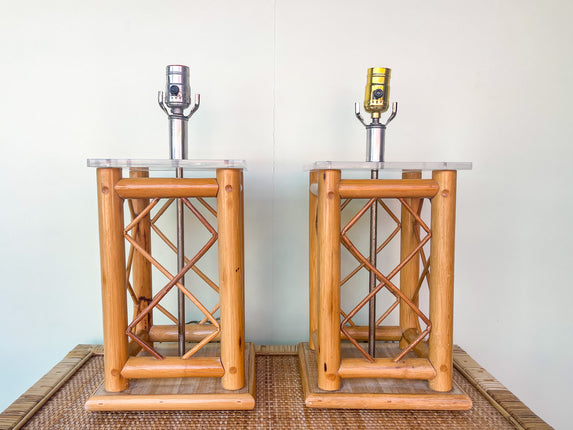 Pair of Old Florida Rattan Lamps