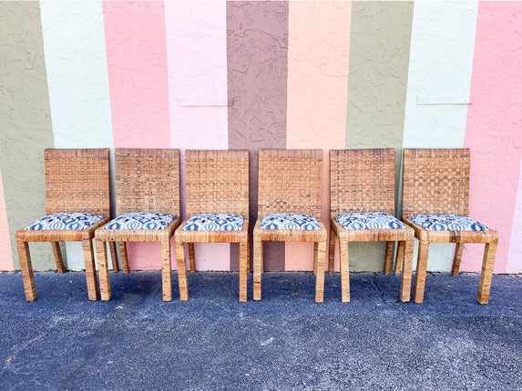 Set of Six Billy Baldwin Style Rattan Wrapped Dining Chairs