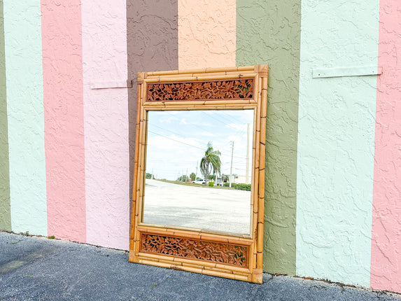 Large Rattan Mirror with Wood Detail