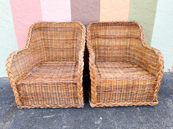 Pair of Braided Rattan Lounge Chairs