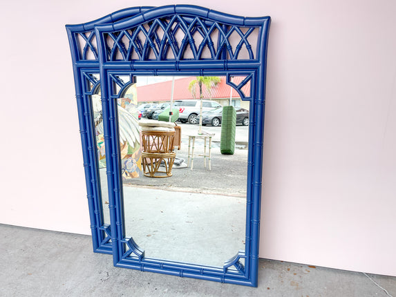 Pair of Navy Thomasville Rattan Mirrors