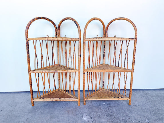 Pair of Tortoiseshell Rattan Corner Shelves