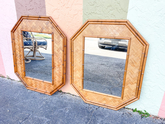 Pair of Faux Bamboo Rattan Octagon Mirrors