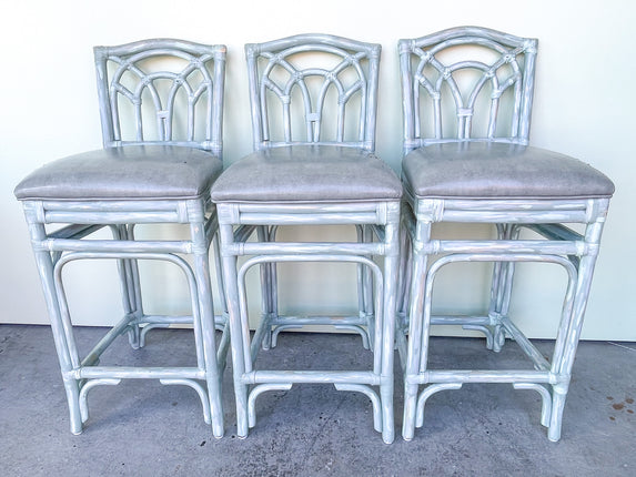 Set of Three Seagreen Rattan Bar Stools