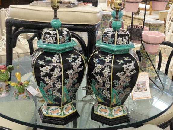Pair of Asian Inspired Cherry Blossom Lamps