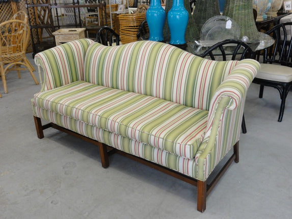 Pink & Green Striped Camel Back Sofa