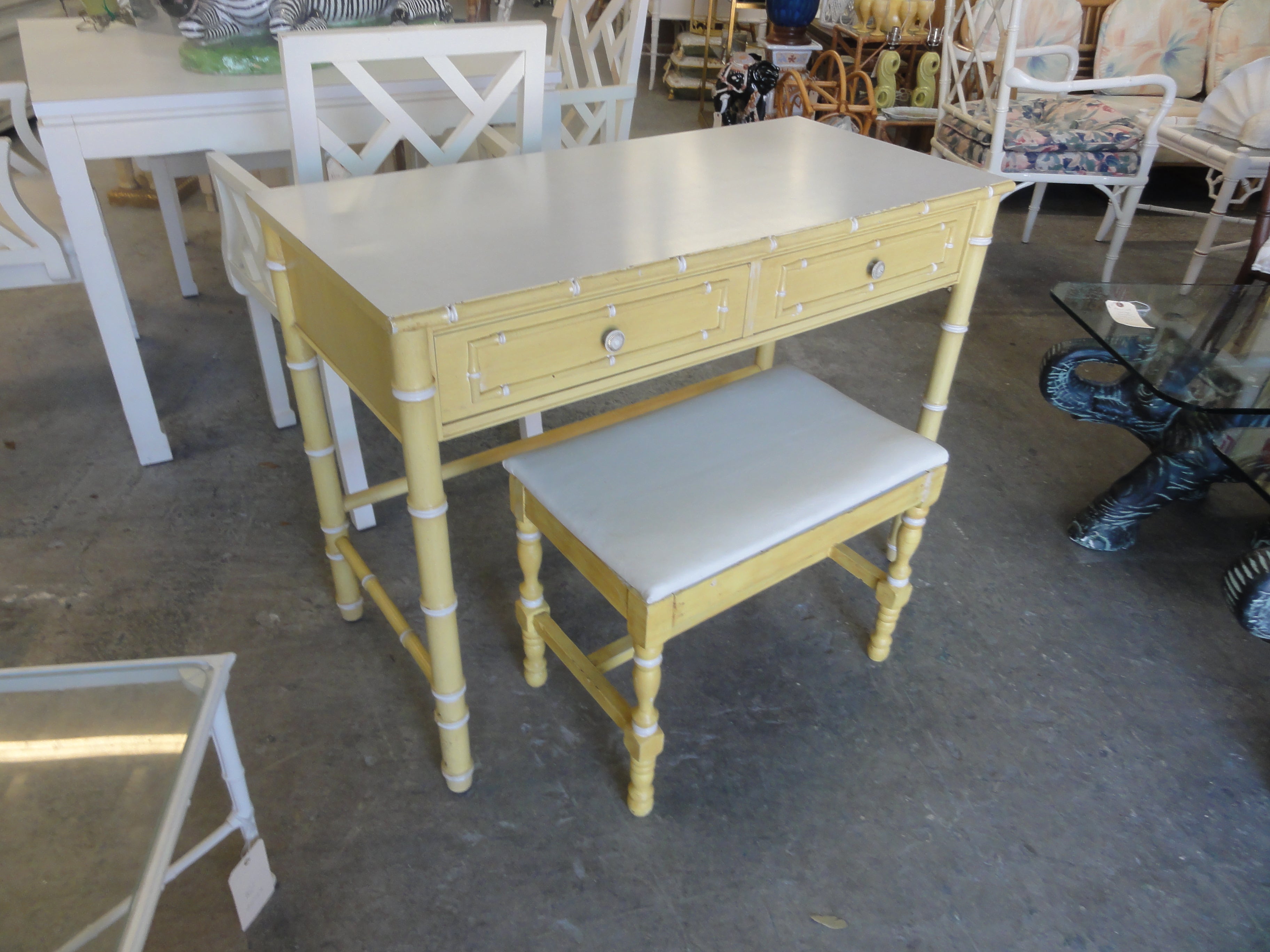 Hollywood Regency Faux Bamboo Green and White Desk by Thomasville