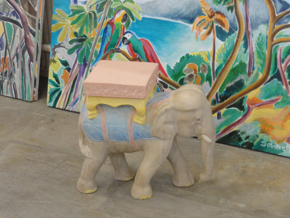 Pink & Blue Wood Carved Elephant Garden Seat