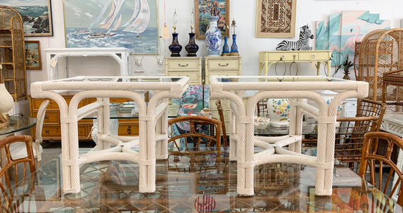 Pair of Pencil Reed Rattan Swirl End Tables