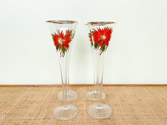 Set of Four Hand Painted Poinsettia Champagne Glasses