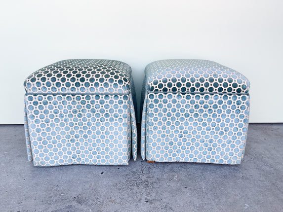 Pair of Teal Upholstered Cube Ottomans