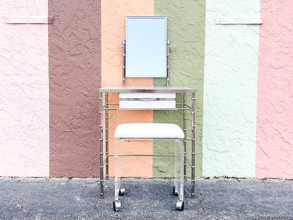 Chrome Faux Bamboo and Lucite Bench Vanity Set