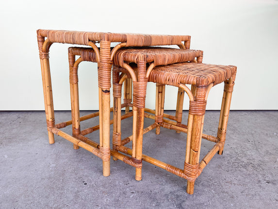 Set of Three Coastal Rattan Nesting Tables