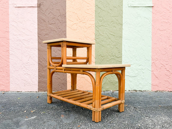 Old Florida Two Tier Rattan Side Table