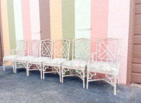 Set of Six Fretwork Rattan Dining Chairs