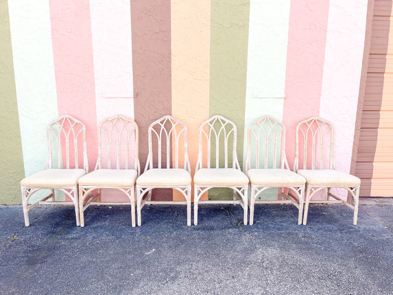 Set of Six Rattan Cathedral Dining Chairs