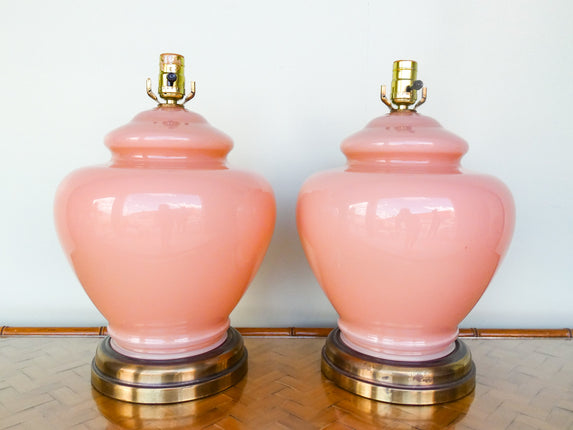 Pair of Coral Glass Ginger Jar Lamps
