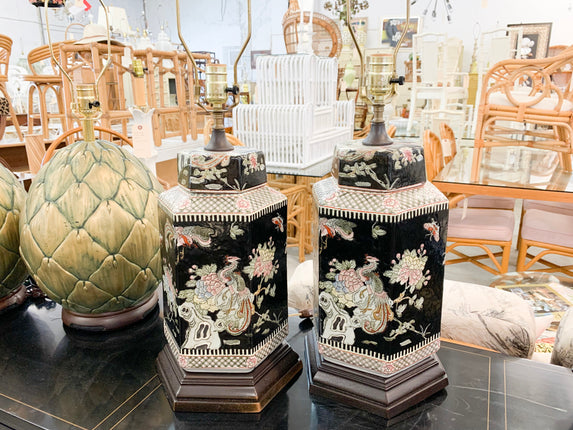 Asian Peacock Temple Jar Lamps