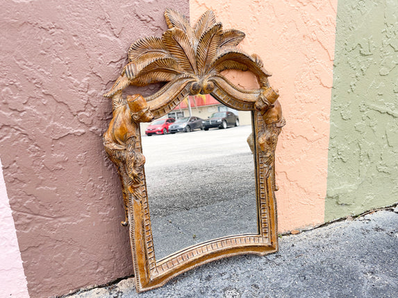 Wood Carved Palm and Monkey Mirror