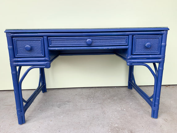 Royal Blue Rattan Desk and Chair