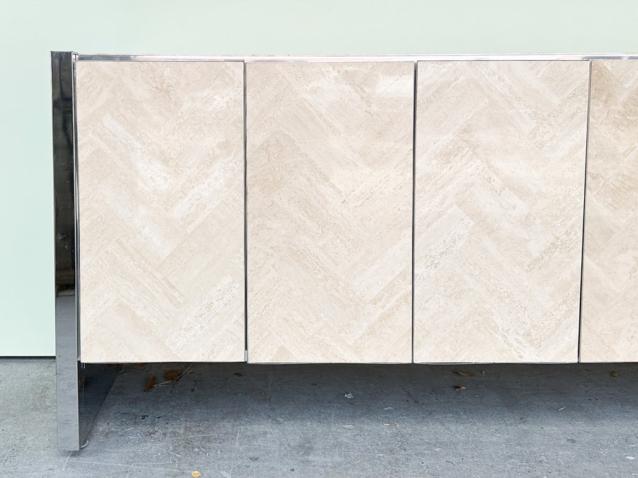 Chrome and Herringbone Travertine Credenza